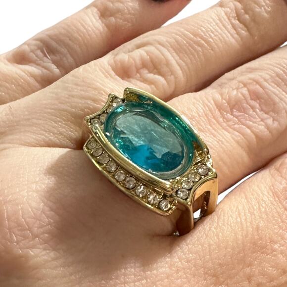 Boutique Jewelry - Aquamarine Chunky Cocktail Ring Gold Colored Setting Chunky 11